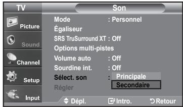 TV Picture Sound Channel Setup Input Mode : Personnel Égaliseur SRS TruSurround XT : Off Options multi-pistes Volume auto : Off Sourdine int. : Off Sélect. son : Principale Régler : Secondaire Dépl. Intro. Retour