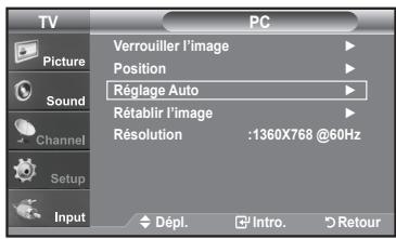TV Picture Sound Channel Setup Input Verrouiller l'image Position Réglage Auto Rétablir l'image Résolution :1360X768 @60Hz Dépl. Intro. Retour