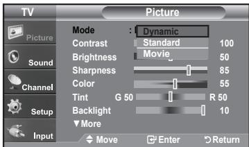 TV Picture Mode : Dynamic Contrast Standard 100 Brightness Movie 50 Sharpness 85 Color 55 Tint G 50 R 50 Backlight 10 More Move Enter Return Input