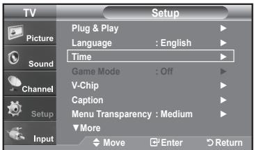 TV Picture Sound Channel Setup Input Setup Plug & Play Language : English Time Game Mode : Off V-Chip Caption Menu Transparency : Medium More Move Enter Return