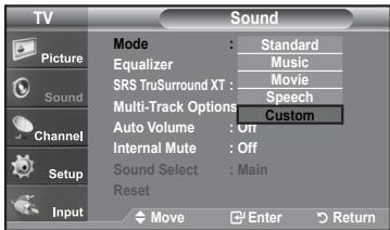 TV Sound Picture Mode : Standard Equalizer : Music SRS TruSurround XT : Movie Multi-Track Options : Speech Custom Auto Volume : Off Internal Mute : Off Sound Select : Main Reset Input Move Enter Return