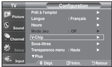 TV Configuration Picture Sound Channel Setup Input Prêt à l'emploi Langue : Français Heure Mode Jeu : Off V-Chip Sous-titres Transparence menu : Haute Plus Dépl. Intro. Retour