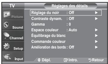 TV Picture Sound Channel Setup Input Réglages des détails Réglage du noir : Off Contraste dynam. : Off Gamma : 0 Espace couleur : Auto Équilibrage du blanc Commande couleur Amélioration des bords : Off Dépl. Intro. Retour