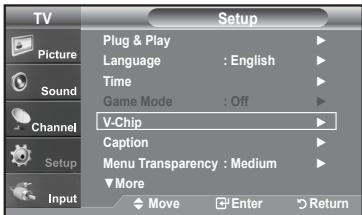 TV Picture Sound Channel Setup Input Setup Plug & Play Language : English Time Game Mode : Off V-Chip Caption Menu Transparency : Medium More Move Enter Return