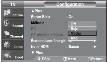 TV Picture Sound Channel Setup Input Configuration ▲ Plus Écran Bleu : On Mélodie : Off PC : Bajo PC cinéma maison : Medio Économiseur énergie : On Nv nr HDMI : Basse ▶ ▼ Plus Dépl. □ Intro. ▢ Retour