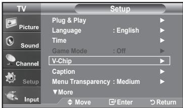 TV Picture Sound Channel Setup Input Setup Plug & Play Language : English Time Game Mode : Off V-Chip Caption Menu Transparency : Medium More Move Enter Return