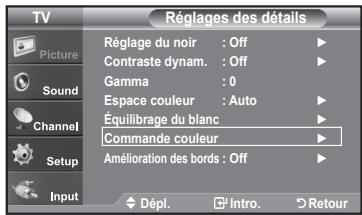 TV Picture Sound Channel Setup Input Réglages des détails Réglage du noir : Off Contraste dynam. : Off Gamma : 0 Espace couleur : Auto Équilibrage du blanc Commande couleur Amélioration des bords : Off Dépl. Intro. Retour