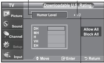 TV Downloadable U.S. Rating Picture Humor Level Sound Channel Setup Input DH MH H VH EH Allow All Block All Move Enter Return