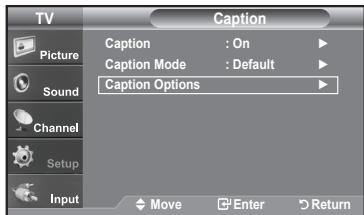 TV Picture Sound Channel Setup Input Caption Caption : On Caption Mode : Default Caption Options Move Enter Return