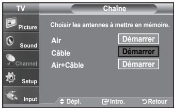 TV Picture Sound Channel Setup Input Chaine Choisir les antennes à mettre en mémoire. Air Câble Air+Câble Démpl. Intro. Retour Démarrer Démarrer Démarrer