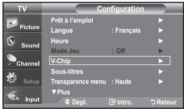 TV Configuration Picture Sound Channel Setup Input Prêt à l'emploi Langue : Français Heure Mode Jeu : Off V-Chip Sous-titres Transparence menu : Haute Plus Dépl. Intro. Retour