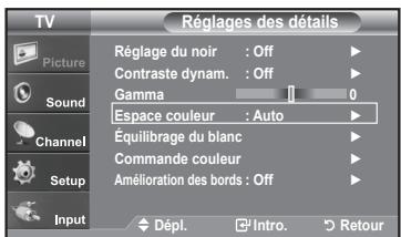 TV Picture Sound Channel Setup Input Réglages des détails Réglage du noir : Off Contraste dynam. : Off Gamma 1 0 Espace couleur : Auto Équilibrage du blanc Commande couleur Amélioration des bords : Off Dépl. Intro. Retour