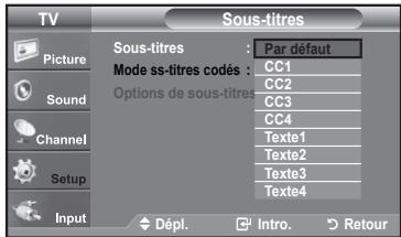 TV Sous-titres Picture Sound Channel Setup Input Sous-titres : Par défaut Mode ss-titres codés : Options de sous-titres CC1 CC2 CC3 CC4 Texte1 Texte2 Texte3 Texte4 Dépl. Intro. Retour