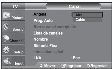 TV Canal Picture Antena : Aire Prog. Auto Cable Sound Borrar canal encriptado Lista de canales Nombre Sintonia Fina Intensidad señal LNA : Enc. Channel Setup Input Mover Ingresar Regresar