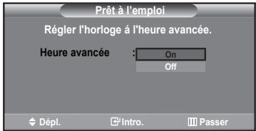 Prêt à l'emploi Régler l'horloge à l'heure avancée. Heure avancée : On Off Dépl. Intro. Passer