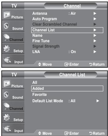 TV Picture Sound Channel Setup Input Channel Antenna : Air Auto Program Clear Scrambled Channel Channel List Name Fine Tune Signal Strength LNA : On Move Enter Return TV Picture Sound Channel Setup Input Channel List All Added Favorite Default List Mode : All Move Enter Return