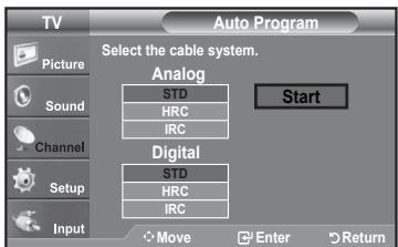 TV Auto Program Select the cable system. Picture Sound Channel Setup Input Analog STD HRC IRC Start Digital STD HRC IRC Move Enter Return