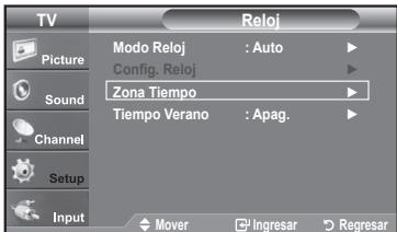 TV Picture Sound Channel Setup Input Modo Reloj : Auto Config. Reloj Zona Tiempo Tiempo Verano : Apag. Mover Ingresar Regresar Reloj