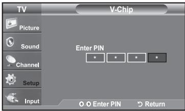 TV V-Chip Picture Sound Channel Setup Input Enter PIN * * * * 0 0 Enter PIN > Return