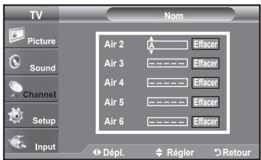 TV Picture Sound Channel Setup Input Nom Air 2 Effacer Air 3 Effacer Air 4 Effacer Air 5 Effacer Air 6 Effacer Dépl. Régler Retour