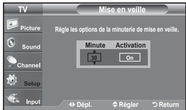 TV Picture Sound Channel Setup Input Mise en veille Régle les options de la minuterie de mise en veille. Minute Activation 30 On Dépl. Régler Return