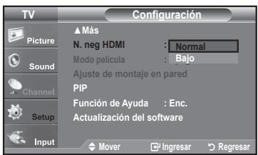 TV Picture Sound Channel Setup Input ▲ Más N. neg HDMI : Normal Modo película : Bajo Ajuste de montaje en pared PIP Función de Ayuda : Enc. Actualización del software Mover Ingresar Regresar