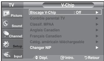 TV Picture Sound Channel Setup Input Blocage V-Chip : Off Contrôle parental TV Classif. MPAA Anglais Canadien Français Canadien Catég. américain téléchargeable Changer NIP Dépl. Intro. Retour
