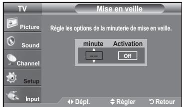TV Picture Sound Channel Setup Input Mise en veille Règle les options de la minuterie de mise en veille. Minute Activation Off Dépl. Régler Retour