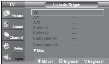 TV Picture Sound Channel Setup Input Lista de Origen TV AV1 : ---- AV2 : ---- S-Video1 : ---- S-Video2 : ---- Componente1 : ---- Componente2 : ---- ▼ Más Mover Ingresar Regresar
