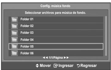 Config. música fondo Seleccionar archivos para música de fondo. Folder 01 Folder 02 Folder 03 Folder 04 Folder 05 Folder 06 1/1/Página ▶ Mover Ingresar Regresar