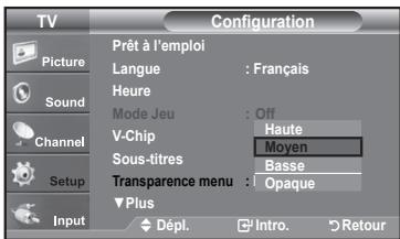 TV Configuration Picture Sound Channel Setup Input Prêt à l'emploi Langue : Français Heure Mode Jeu : Off V-Chip Haute Sous-titres Moyen Transparence menu : Basse Plus Opaque Dépl. Intro. Retour