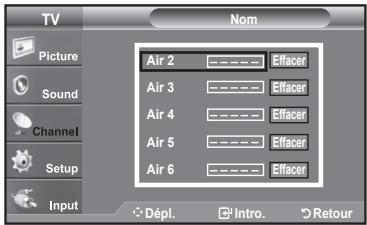 TV Picture Sound Channel Setup Input Nom Air 2 Air 3 Air 4 Air 5 Air 6 Efficer Efficer Efficer Efficer Dépl. Intro. Retour