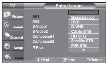 TV Picture Sound Channel Setup Input AV1 AV2 S-Viséo1 S-Viséo2 Composant1 Composant2 Plus Magnétoscope DVD D-VHS Câble STB HD STB Satellite STB PVR STB Dépl. Intro. Retour