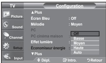TV Picture Sound Channel Setup Input Configuration ▲ Plus Écran Bleu : Off Mélodie : Moyen PC PC cinéma maison : Off Effet lumière : Basse Économiseur énergie : Moyen ▼ Plus : Haute Auto Dépl. Intro. Retour