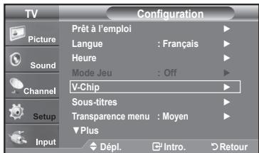 TV Configuration Picture Prêt à l'emploi Langue : Français Heure Mode Jeu : Off Channel V-Chip Sous-titres Transparence menu : Moyen Plus Input Dépl. Intro. Retour