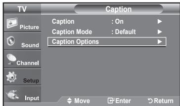 TV Picture Sound Channel Setup Input Caption Caption : On Caption Mode : Default Caption Options Move Enter Return