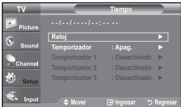 TV Picture Sound Channel Setup Input Tiempo Reloj Temporizador : Apag. Temporizador 1 : Desactivado Temporizador 2 : Desactivado Temporizador 3 : Desactivado Mover Ingresar Regresar