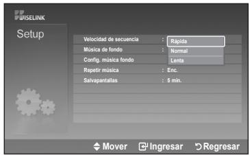 UISELINK Setup Velocidad de secuencia : Rápida Música de fondo : Normal Config. música fondo : Lenta Repete música : Enc. Salvapantallas : 5 min.