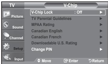 TV V-Chip Picture Sound Channel Setup Input V-Chip Lock : Off TV Parental Guidelines MPAA Rating Canadian English Canadian French Downloadable U.S. Rating Change PIN Move Enter Return