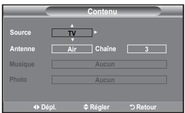 Contenu Source TV Antenne Air Chaîne 3 Musique Aucun Photo Aucun Dépl. Régler Retour