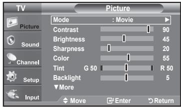 TV Picture Mode : Movie Contrast 90 Brightness 45 Sharpness 20 Color 55 Tint G 50 R 50 Backlight 5 More Move Enter Return Sound Channel Setup Input