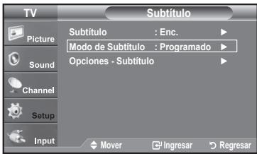 TV Picture Sound Channel Setup Input Subtítulo Subtítulo : Enc. Modo de Subtítulo : Programado Opciones - Subtítulo Mover Ingresar Regresar