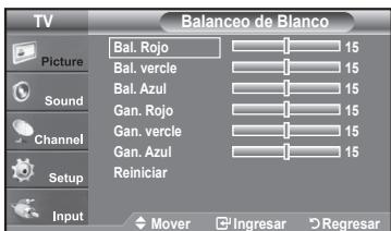 TV Balanceo de Blanco Picture Bal. Rojo 15 Bal. vercle 15 Bal. Azul 15 Gan. Rojo 15 Gan. vercle 15 Gan. Azul 15 Reiniciar Input Mover Ingresar Regresar
