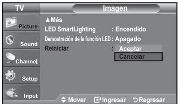 TV Picture Sound Channel Setup Input Imagen ▲ Más LED SmartLighting : Encendido Demostración de la función LED : Apagado Reiniclar : Aceptar Cancelar Mover Ingresar Regresar