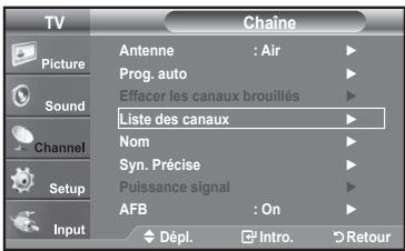 TV Picture Sound Channel Setup Input Chaine Antenne : Air Prog. auto Effacer les canaux brouillés Liste des canaux Nom Syn. Précise Puissance signal AFB : On Dépl. Intro Retour