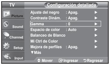 TV Configuración detallada Picture Ajuste del negro : Apag. Contraste Dinám. : Apag. Gamma : 0 Espacio de color : Auto Balanceo de Blanco Mi Ctrl de Color Mejora de perfiles : Apag. ▼ Más Input Mover Ingresar Regresar