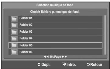 Sélection musique de fond Choisir fichiers p. musique de fond... Folder 01 Folder 02 Folder 03 Folder 04 Folder 05 Folder 06 1/1/Page ▶ Dépl. Intro. Retour