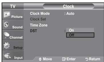 TV Picture Sound Channel Setup Input Clock Mode : Auto Clock Set Time Zone DST : On Off Move Enter Return