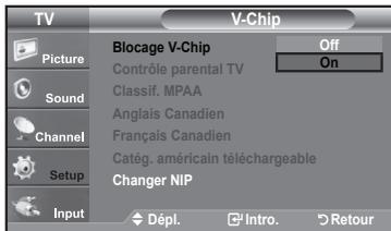 TV V-Chip Picture Sound Channel Setup Input Blocage V-Chip Contrôle parental TV Classif. MPAA Anglais Canadien Français Canadien Catég. américain téléchargeable Changer NIP Dépl. Intro. Retour Off On
