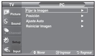 TV Picture Sound Channel Setup Input PC Fijar la Imagen Posición Ajuste Auto Reiniciar Imagen Mover Ingresar Regresar